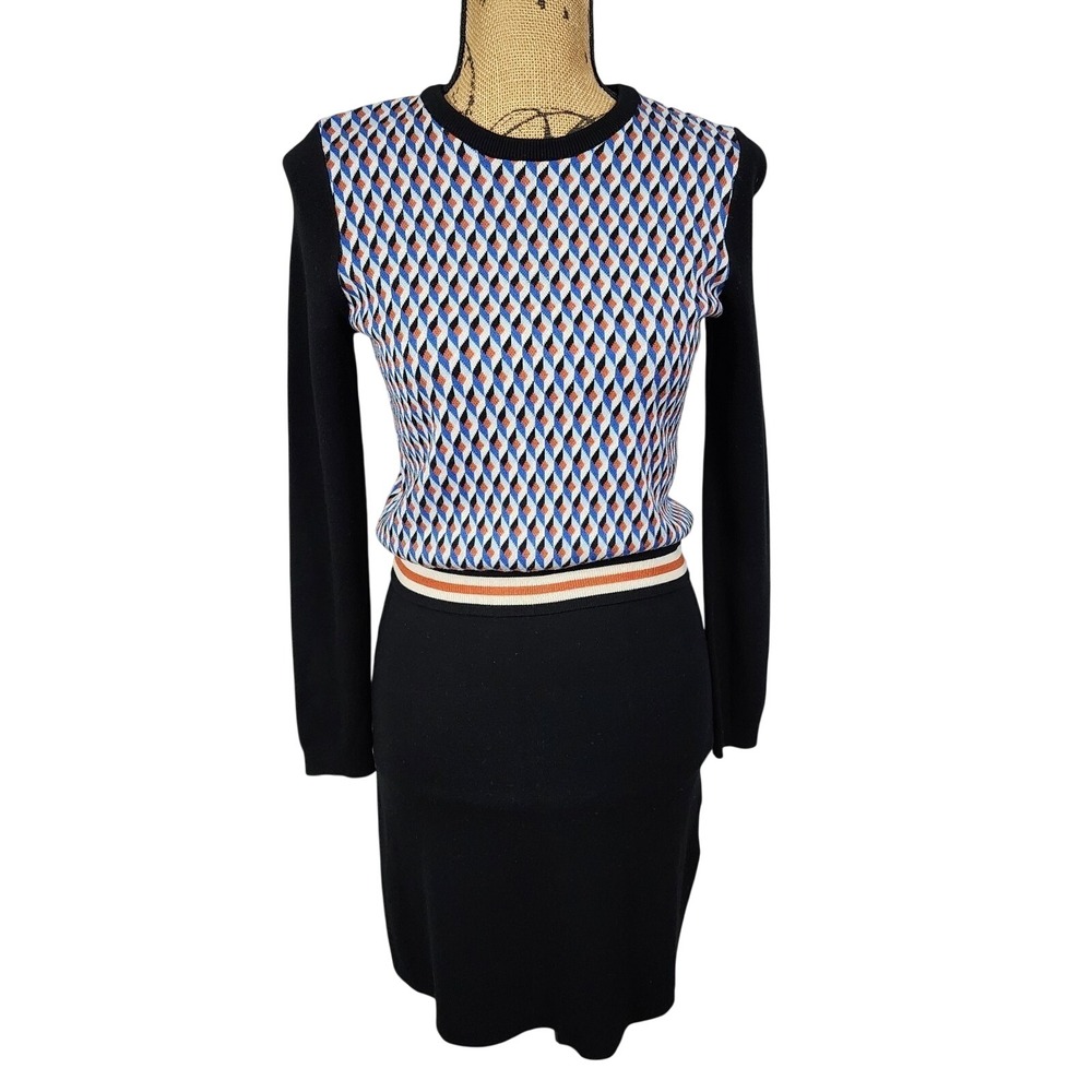 OCHIRLY Size Small Elastic Waist Qbert Optical Illusion Preppy Sweater Dress EUC